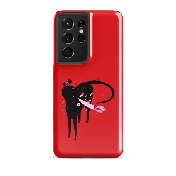 Smug Cat, Tough case for Samsung® featuring a black cat illustration on a red background