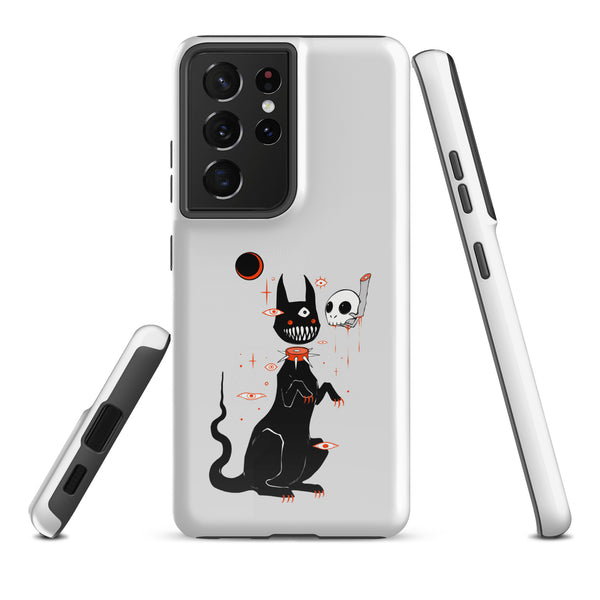 Black Cat And Skull, Tough case for Samsung® featuring a cute black cat with big teeth and a skull illustration.