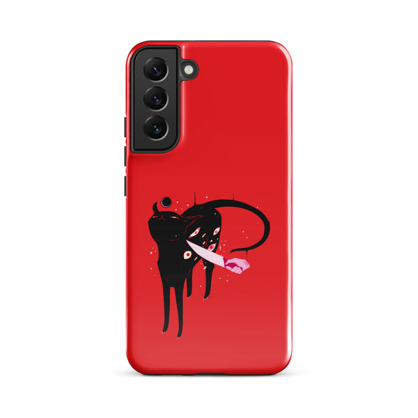 Smug Cat, Tough case for Samsung® featuring a black cat illustration on a vibrant red background.