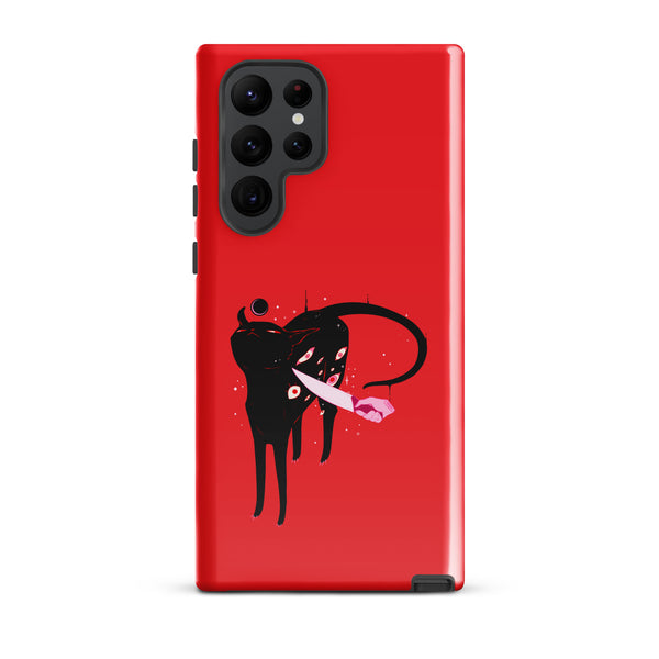 Smug Cat, Tough case for Samsung® with black cat illustration on a red background, shock-absorbing materials.