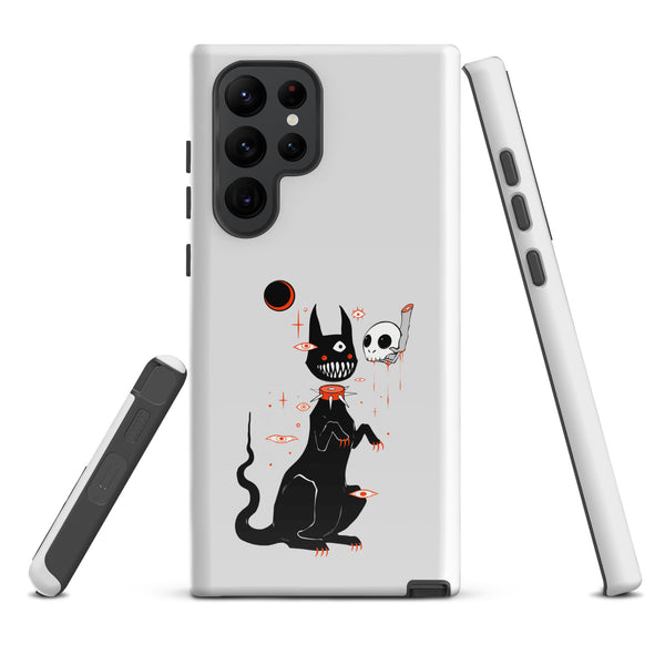 Black Cat And Skull, Tough case for Samsung® featuring an illustration of a cute black cat with big teeth and a skull.