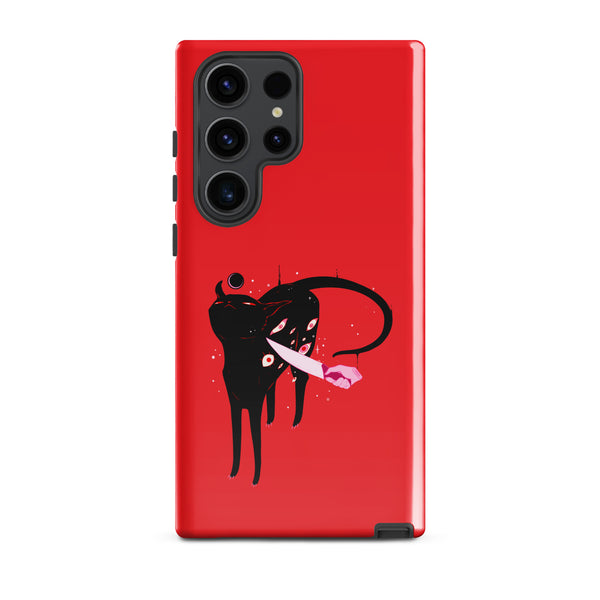 Smug Cat, Tough case for Samsung® featuring a black cat illustration on a red background.