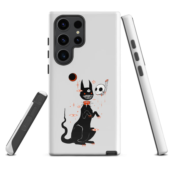 Black Cat And Skull, Tough case for Samsung® featuring a cute black cat with big teeth and a skull illustration.