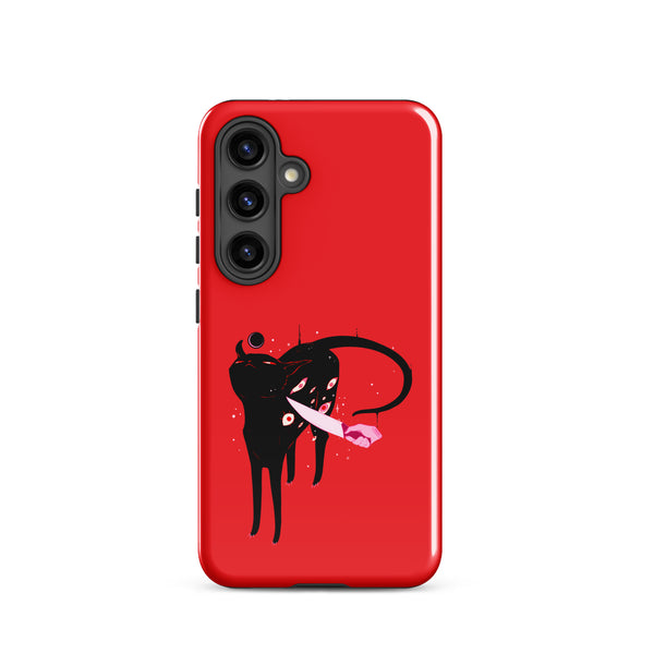 Smug Cat, Tough case for Samsung® featuring an original illustration of a black cat on a red background.