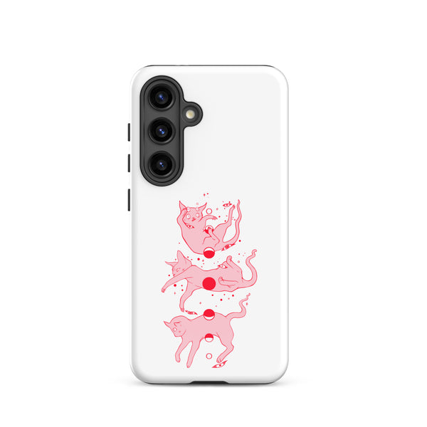 Cat Phases, Tough case for Samsung® featuring pink cats in playful poses on a white background.