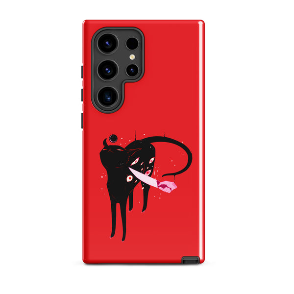 Smug Cat, Tough case for Samsung® featuring original illustration of a black cat on a red background.
