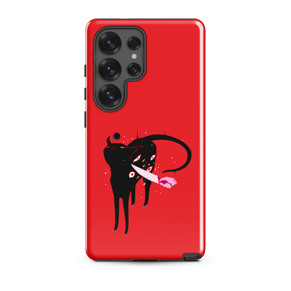 Smug Cat, Tough case for Samsung® featuring a unique illustration of a black cat on a red background.