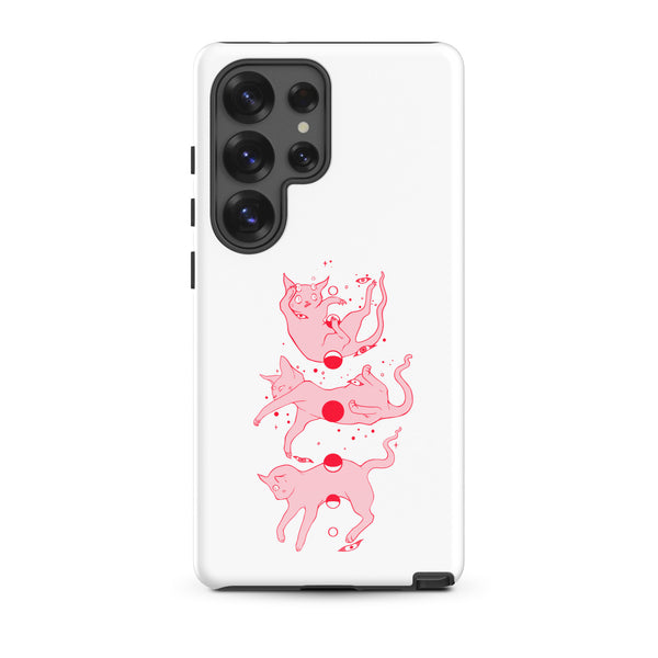 Cat Phases, Tough case for Samsung® featuring playful pink cats illustration on a white background.