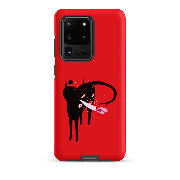 Smug Cat, Tough case for Samsung® featuring an original black cat illustration on a red background.