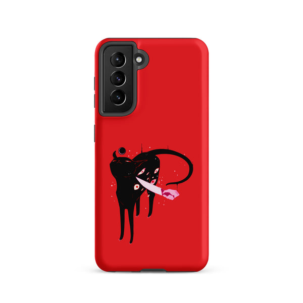 Smug Cat, Tough case for Samsung® with black cat illustration on red background, offering durability and protection.