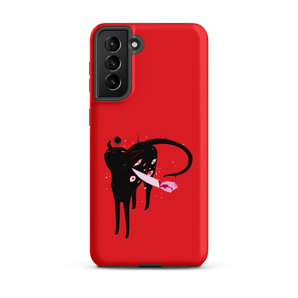 Smug Cat, Tough case for Samsung® featuring a black cat illustration on a red background.