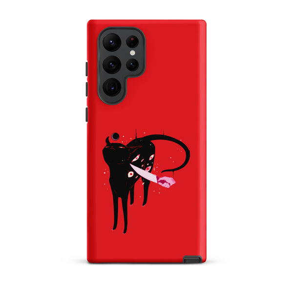 Smug Cat, Tough case for Samsung® with black cat illustration on red background.