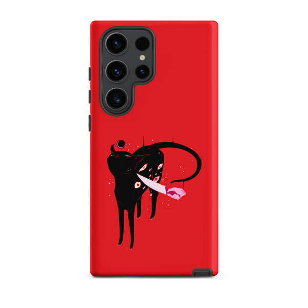 Smug Cat, Tough case for Samsung® featuring a black cat illustration on a red background.