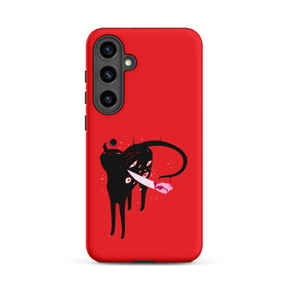 Smug Cat, Tough case for Samsung® featuring a black cat illustration on a red background