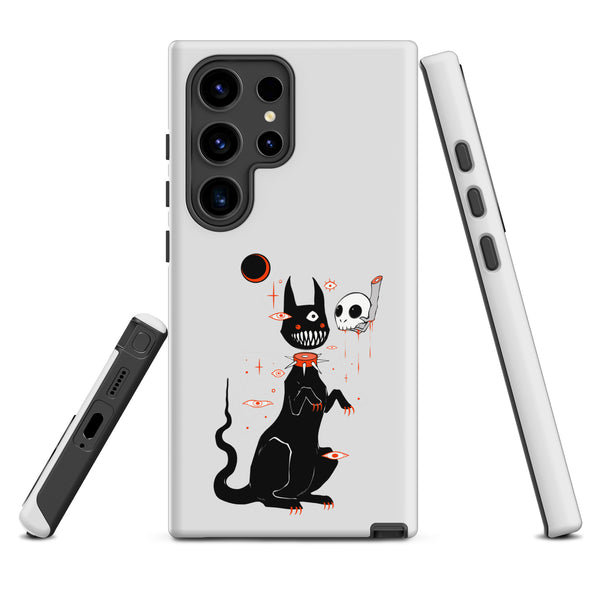 Black Cat And Skull, Tough case for Samsung® featuring a cute black cat illustration and a skull design.