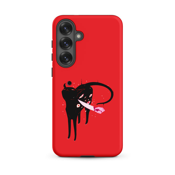 Smug Cat, Tough case for Samsung® featuring original illustration of a black cat on a red background.