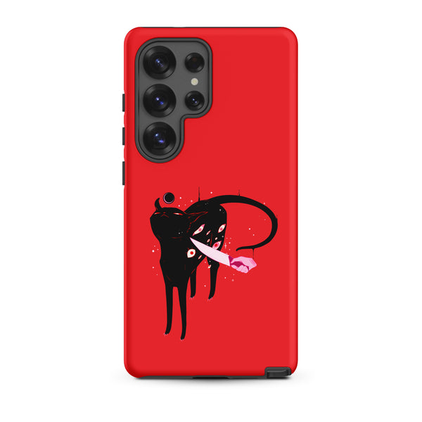 Smug Cat, Tough case for Samsung® featuring a black cat illustration on a red background, designed for durability.