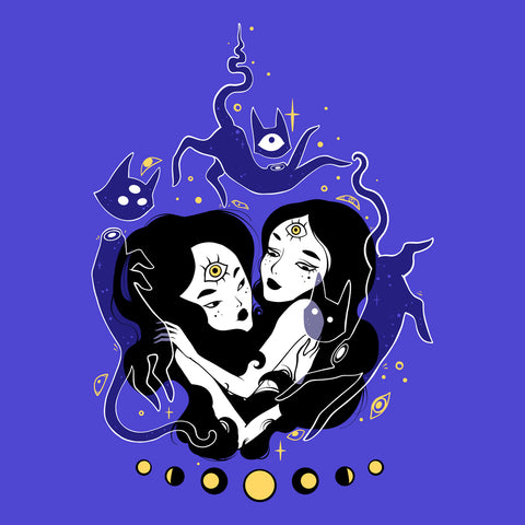 two witches with cats art print poster