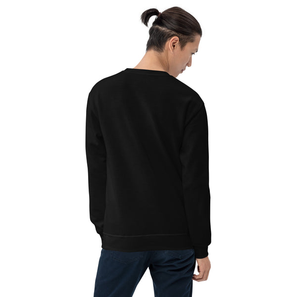 Person wearing black Skoll and Hati unisex sweatshirt with long sleeves, showing the back view. Ideal for autumn and winter.