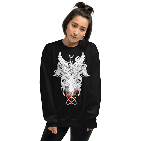 girl wearing a goth art sweatshirt with an angel