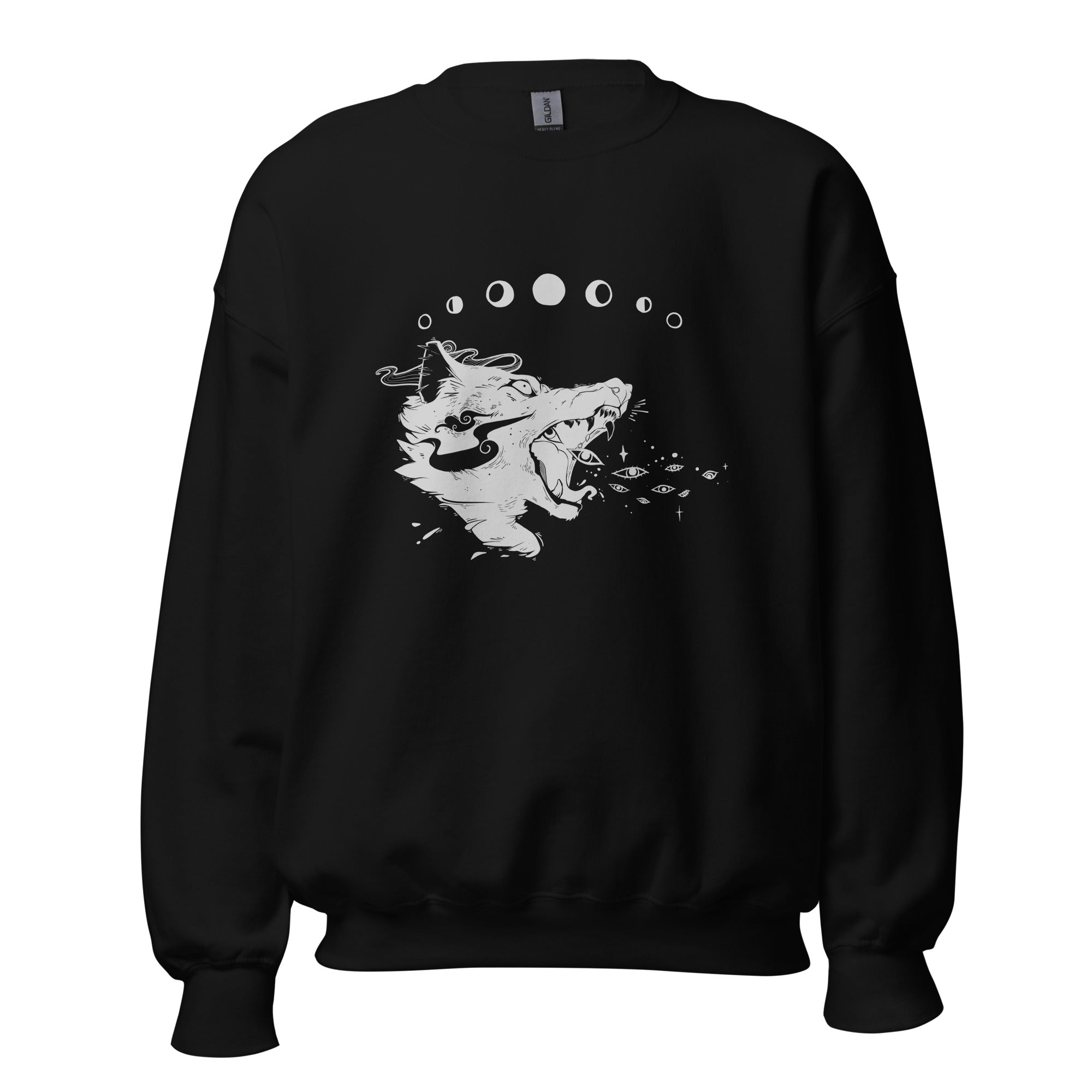 Wolf howl illustration on a black unisex sweatshirt, perfect for autumn and winter comfort.