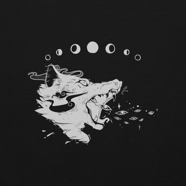 Illustration of a wolf howling with celestial elements, featured on a black sweatshirt.