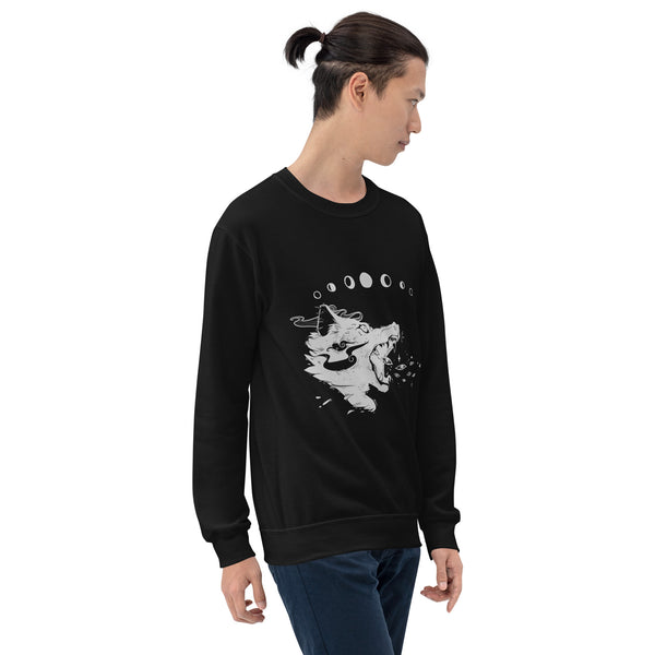 Unisex black sweatshirt featuring an original wolf illustration, perfect for autumn and winter wear.