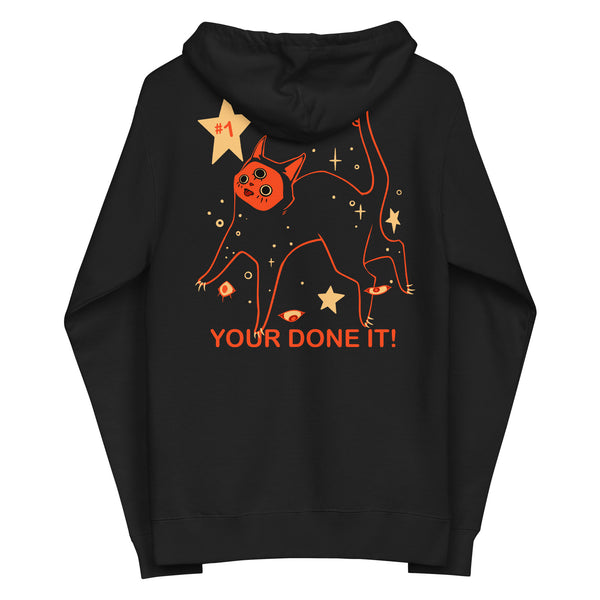 Orion The Black Cat Congrations, Unisex Fleece Zip-Up Hoodie featuring original artwork with the text 'YOUR DONE IT!'. Black color.