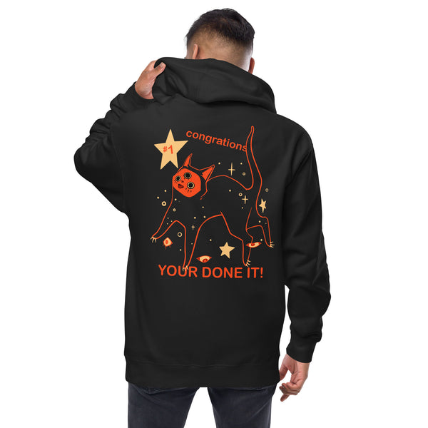 Orion The Black Cat Congrations, Unisex Fleece Zip-Up Hoodie with original artwork and motivational text.