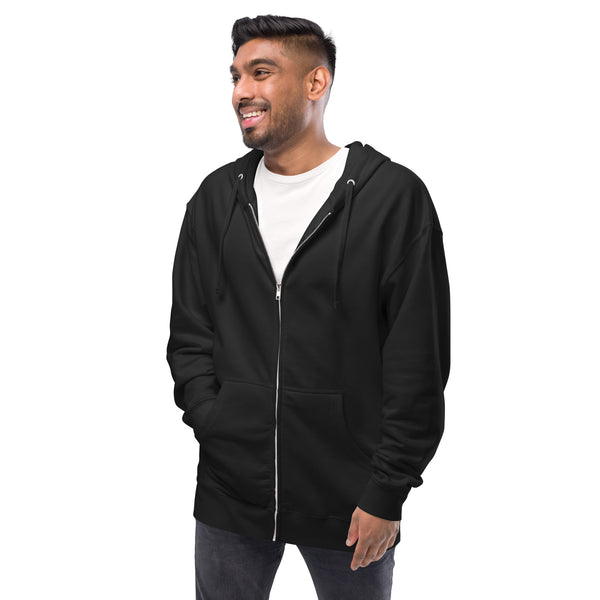 Orion The Black Cat Congrations, Unisex Fleece Zip-Up Hoodie worn by a smiling man in a black hoodie.