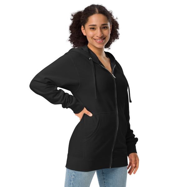 Orion The Black Cat Congrations, Unisex Fleece Zip-Up Hoodie worn by a model showcasing its style and comfort.