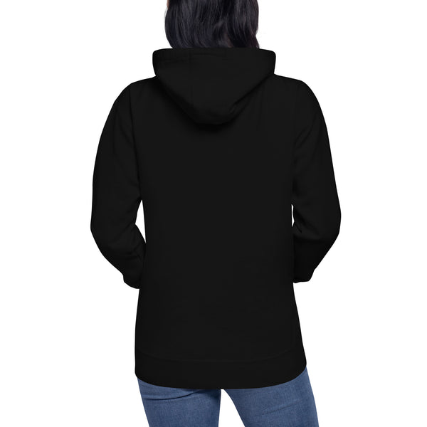 Back view of a black Mean Orange Cat, Unisex Hoodie, showcasing its stylish design and comfortable fit.