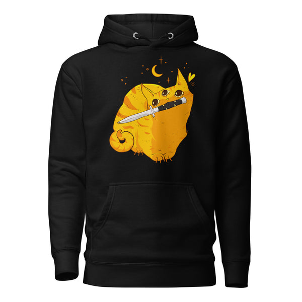Mean Orange Cat, Unisex Hoodie featuring a cat illustration with a switchblade.