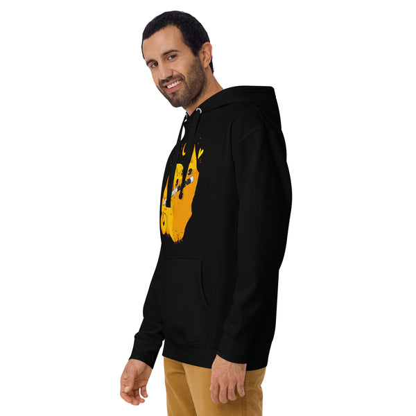 Mean Orange Cat, Unisex Hoodie featuring original illustration on a black pullover worn by a smiling man.