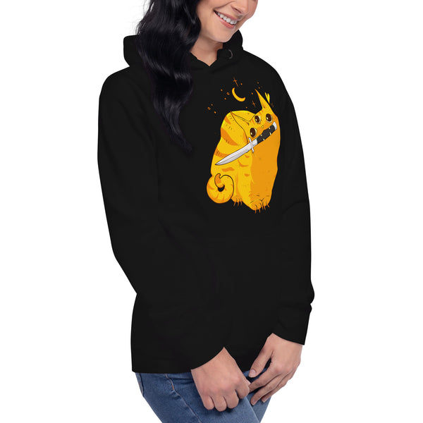 Mean Orange Cat, Unisex Hoodie featuring original illustration of a mean orange cat with a switchblade.
