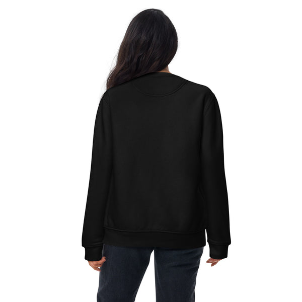 Back view of a black premium unisex sweatshirt, designed for comfort with a cozy fleece interior.