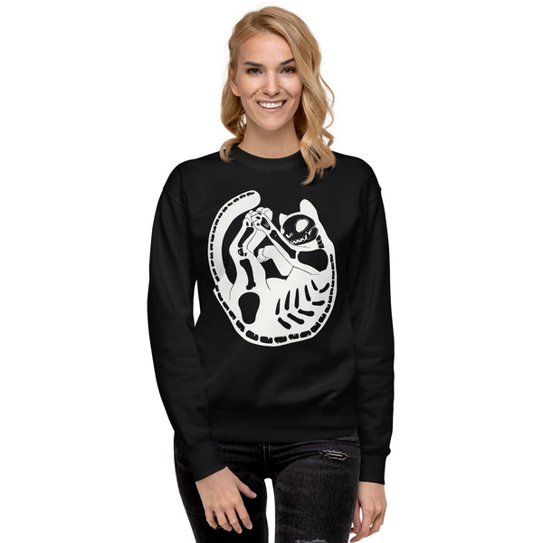 Premium unisex sweatshirt featuring a cute cat skeleton illustration, soft and cozy for stylish comfort.