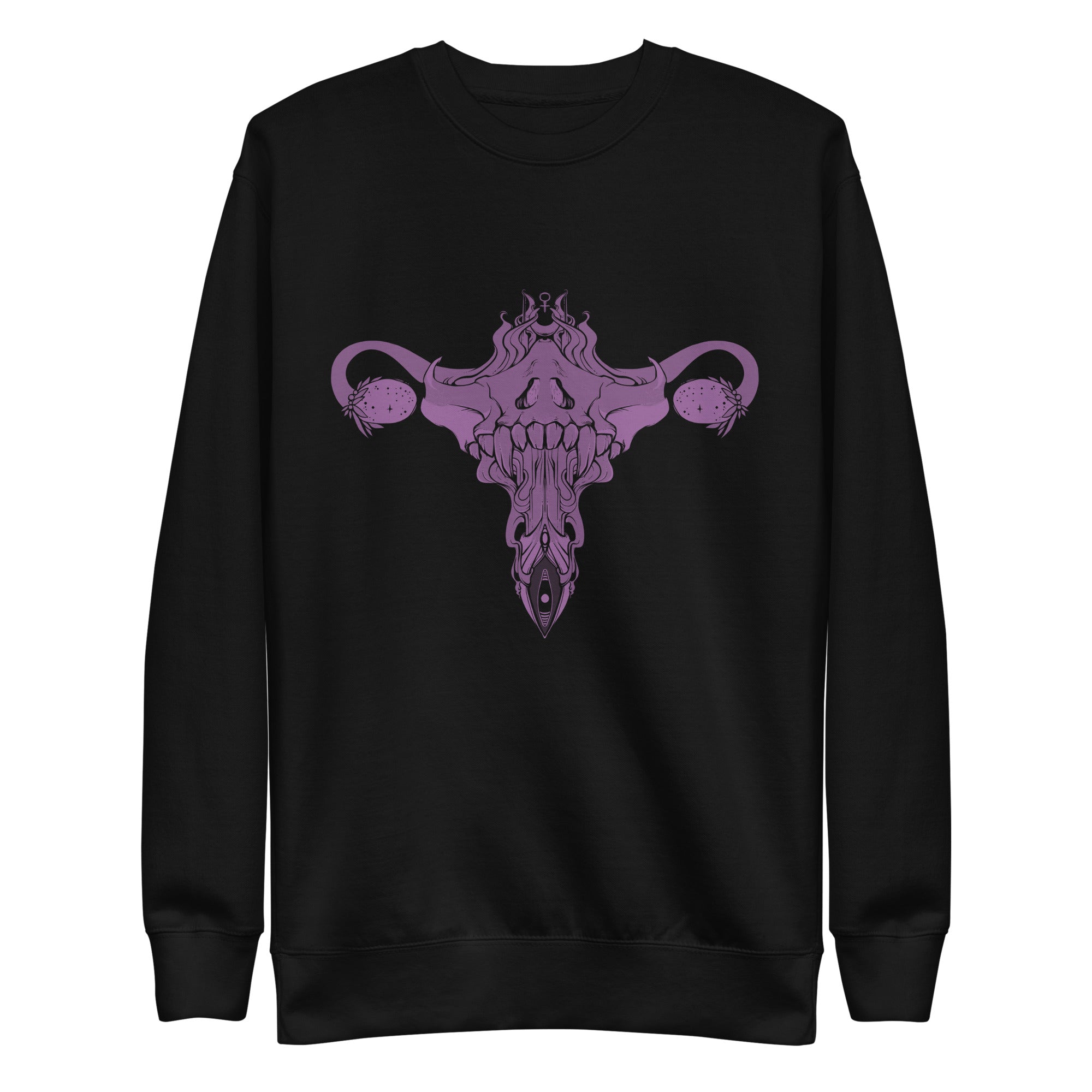 Purple Death Metal Uterus design on black premium unisex sweatshirt with ribbed crew neck and cozy fleece interior.