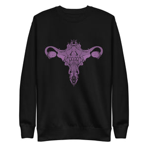 Purple Death Metal Uterus design on black premium unisex sweatshirt with ribbed crew neck and cozy fleece interior.