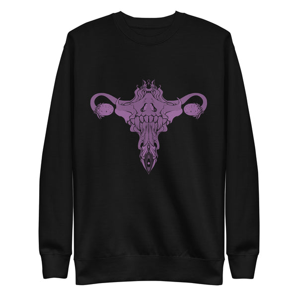 Purple Death Metal Uterus design on black premium unisex sweatshirt with ribbed crew neck and cozy fleece interior.