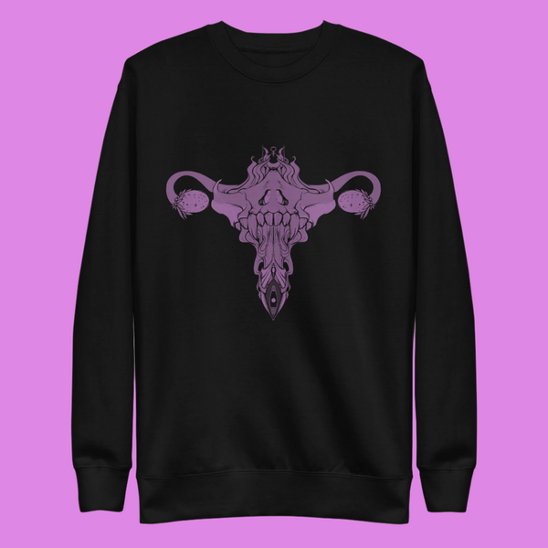 Purple Death Metal Uterus illustration on a black premium unisex sweatshirt, soft and cozy with a stylish fit.