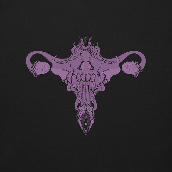 Illustration of a purple, skull-inspired uterus design on a black background, featured on a premium sweatshirt.
