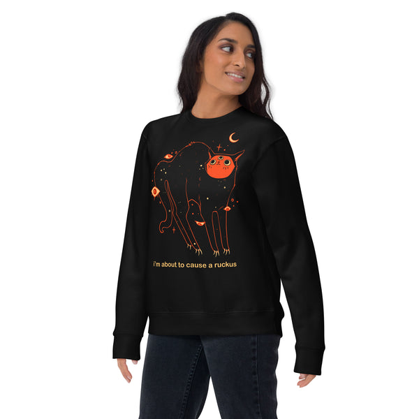 Orion Ruckus, Premium Unisex Sweatshirt featuring original artwork of Orion the black cat with meme text.