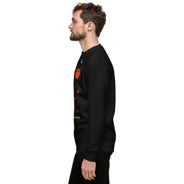 Orion Ruckus, Premium Unisex Sweatshirt worn by a man, featuring original artwork of a black cat.