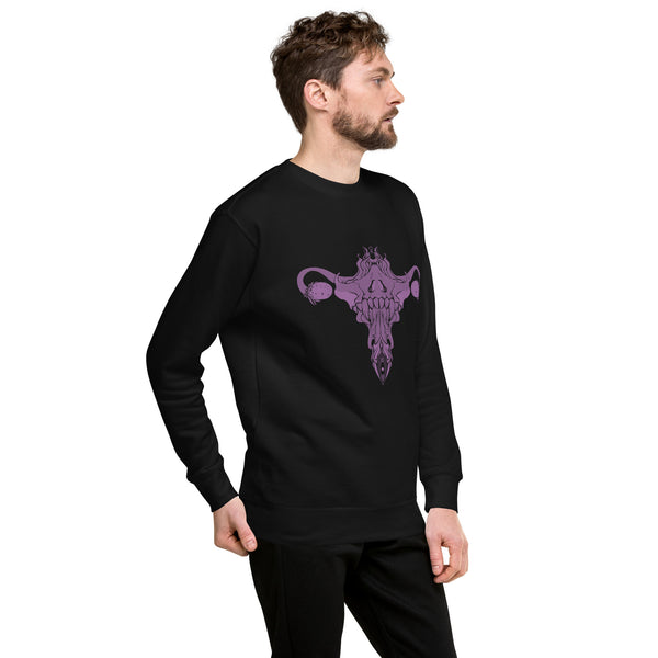 Purple Death Metal Uterus illustration on a black unisex sweatshirt, featuring a cozy fit and soft fleece interior.