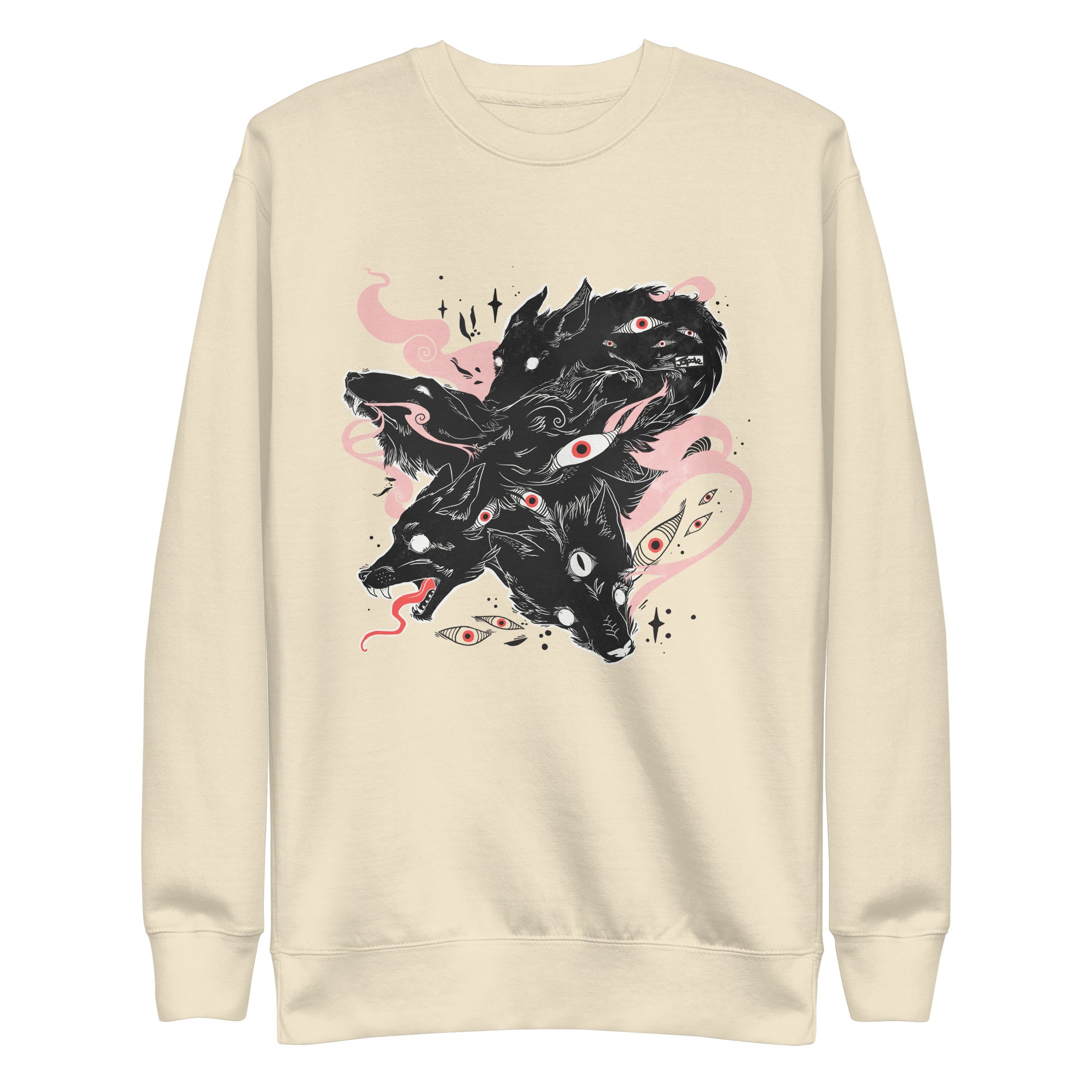 Premium unisex sweatshirt featuring original wolf illustration with floating eyes, soft and cozy design.