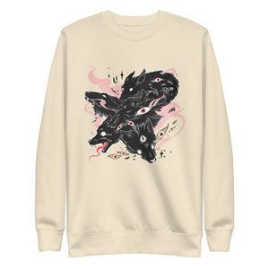 Premium unisex sweatshirt featuring original wolf illustration with floating eyes, soft and cozy design.