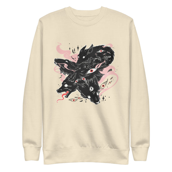 Premium unisex sweatshirt featuring original wolf illustration with floating eyes, soft and cozy design.