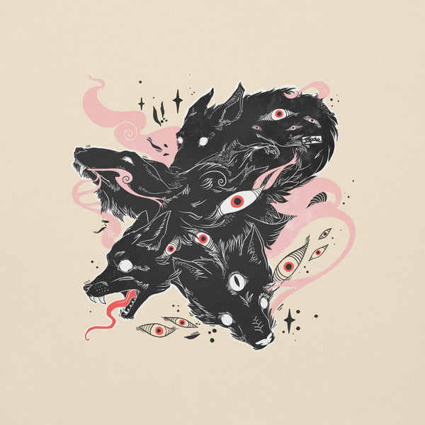 Illustration of wolves and floating eyes on a beige sweatshirt, showcasing original artwork in black and pink.