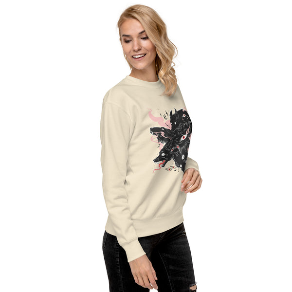 Premium unisex sweatshirt featuring original wolves illustration with floating eyes, showcasing comfort and style.